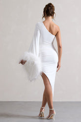 White Asymmetric One Shoulder Cape Midi Dress With Feathers